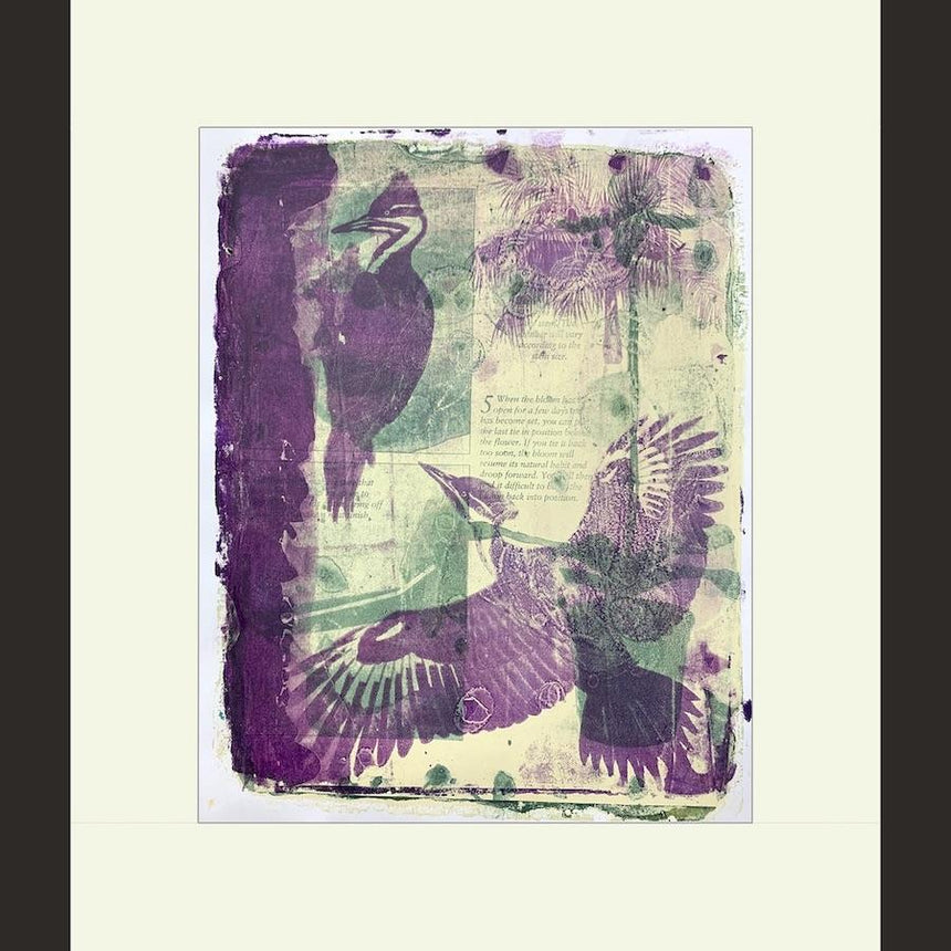 monoprint, woodpeckers, palm trees, orchid, purple, green
