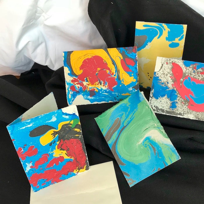hand-marbled hand-made note card, blue, green, yellow, red