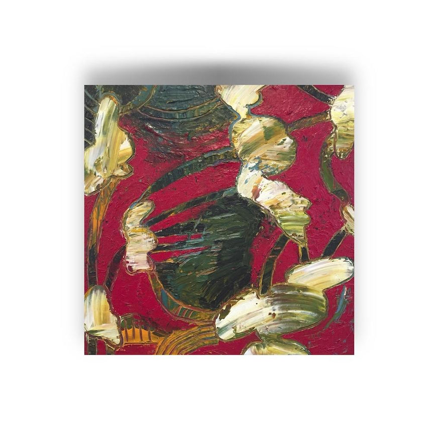 Abstract painting, red, "floral", dark green